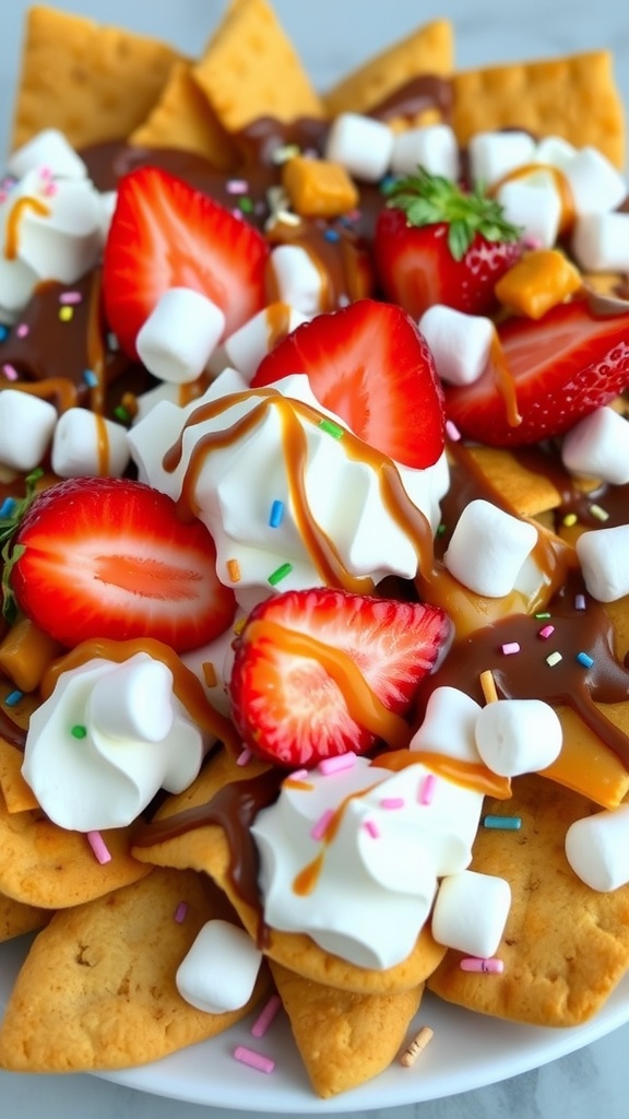 A plate of cookie nachos with cookie chips, whipped cream, chocolate drizzle, strawberries, and mini marshmallows.